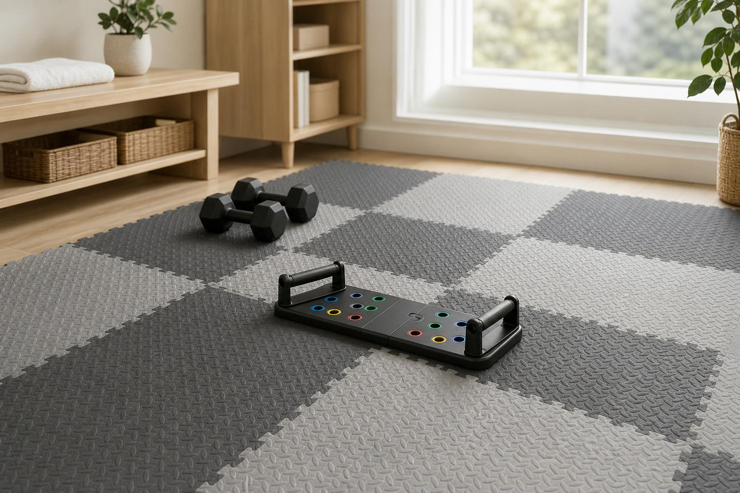 Home gym corner with floor tiles laid out