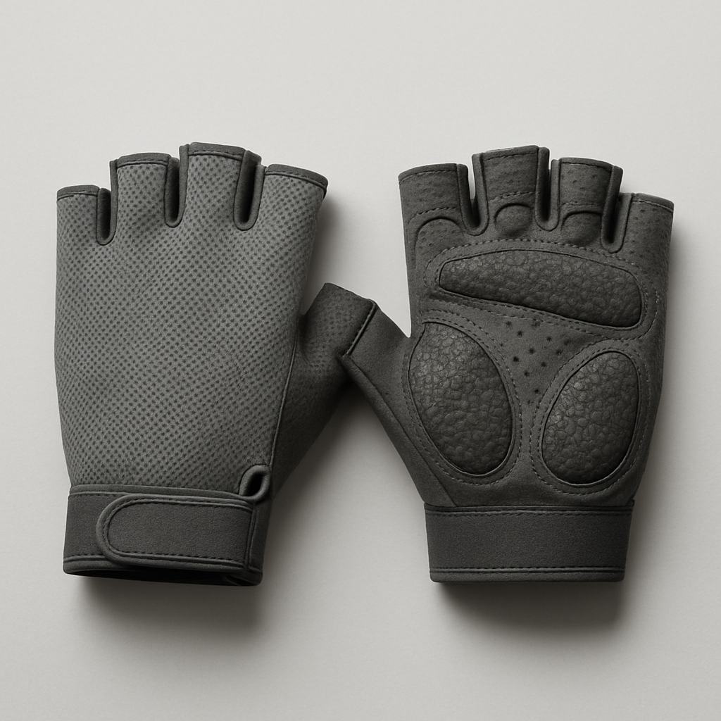 Gray fingerless gym gloves, studio shot