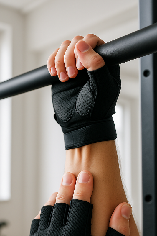 Hands wearing fingerless gym gloves gripping a pull-up bar
