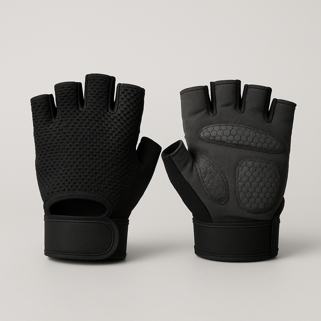 Pair of fingerless gym gloves, studio shot