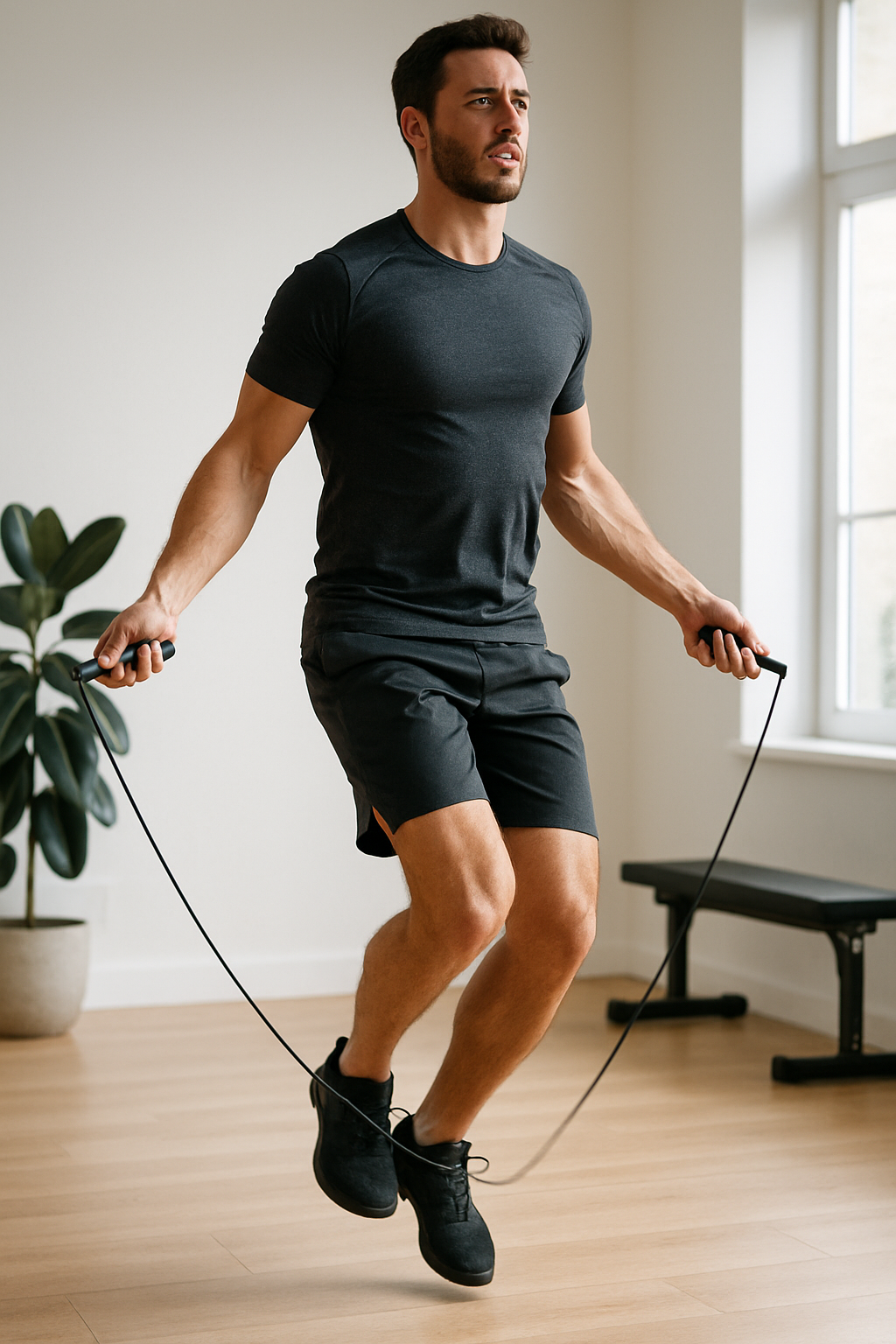 Man jumping rope at home