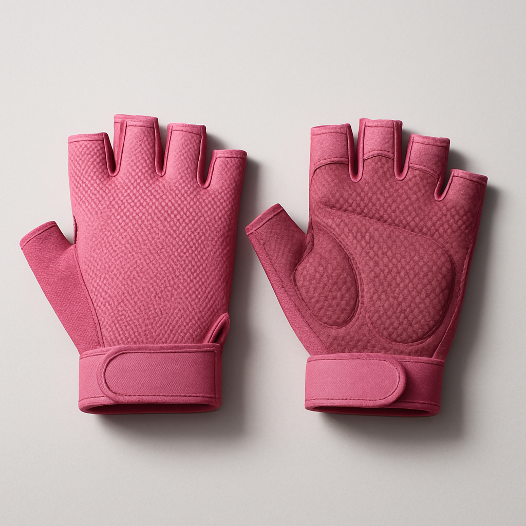 Pink fingerless gym gloves, studio shot