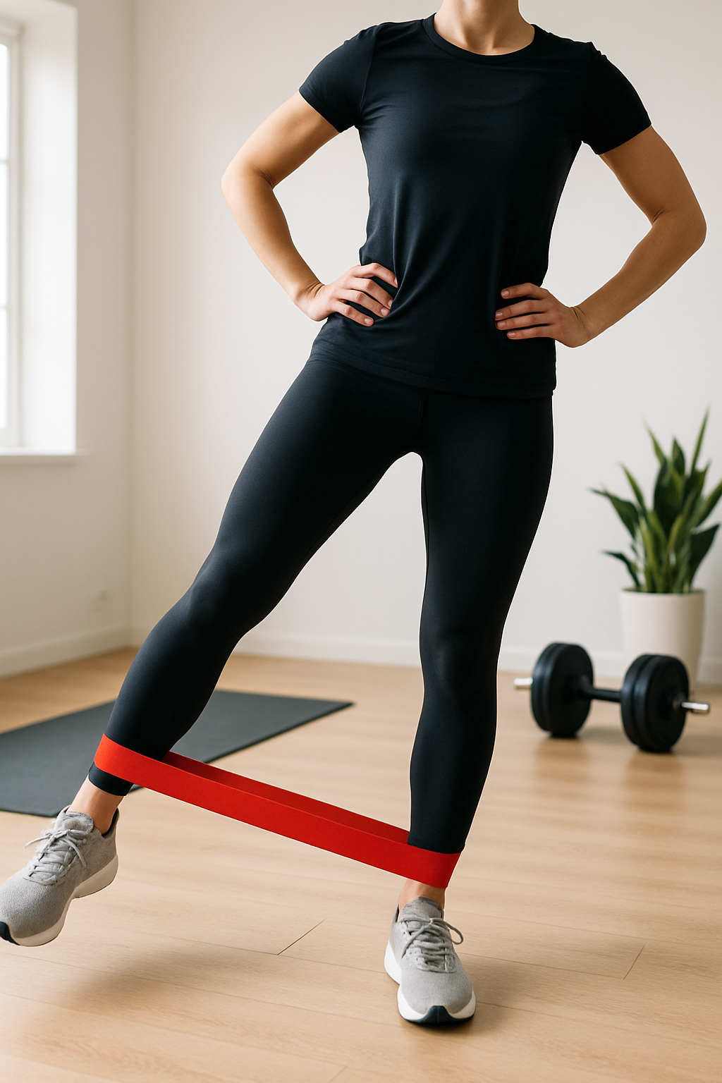 Woman doing a leg lift with a resistance loop band around her ankles