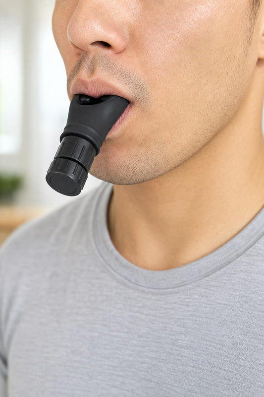 Man using the breathing trainer at home
