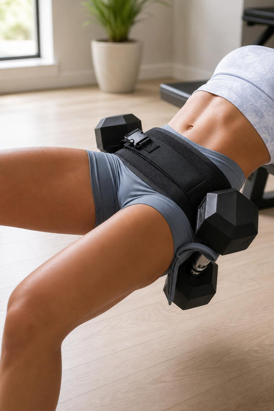Athlete wearing the weighted waist belt during a hip-thrust exercise