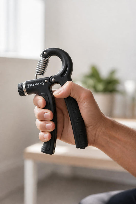 Athlete squeezing the hand grip strengthener