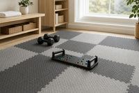 Home gym corner with floor tiles laid out