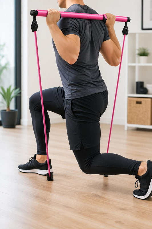 Athlete using the Pilates bar for a lunge stretch